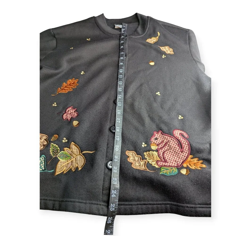 BonWorth Black Button Front Cardigan Leaf Squirrel & Fall Designs Size Large Pet